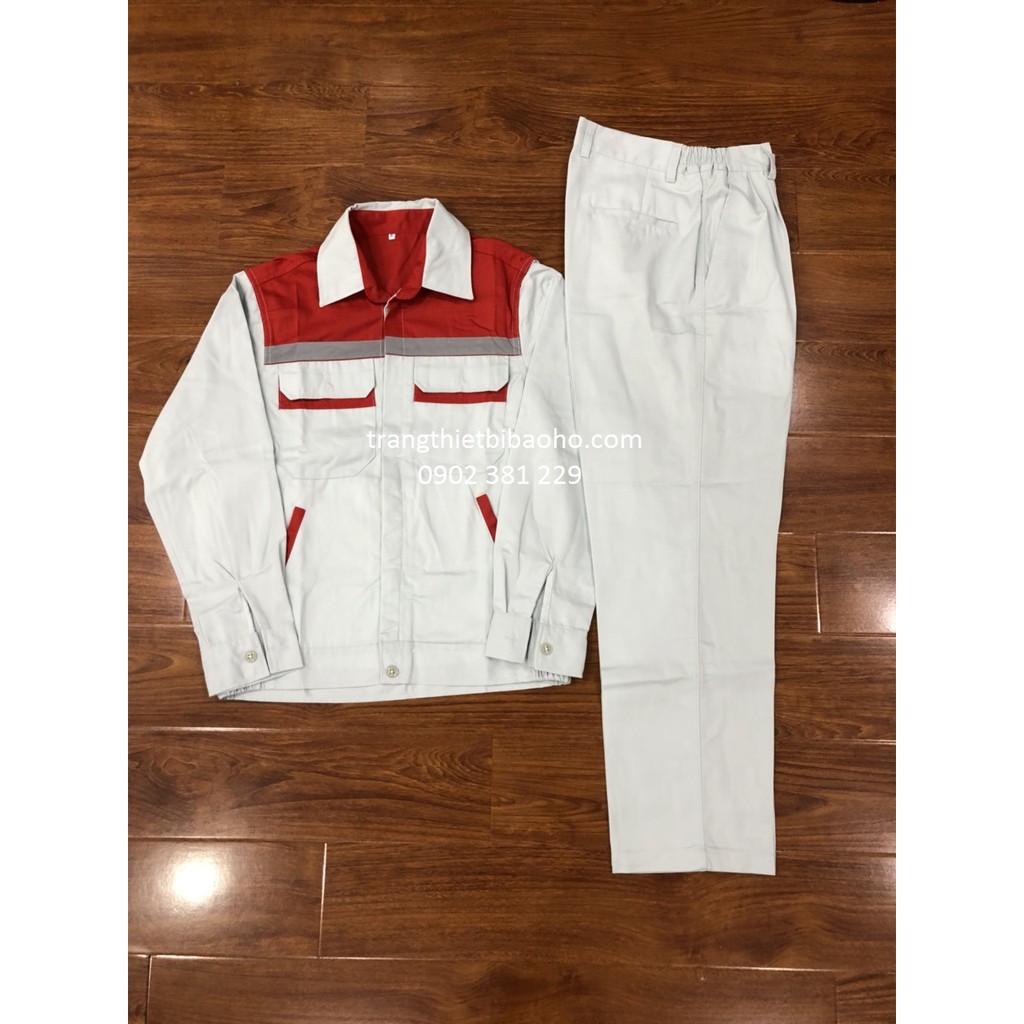 Bộ quần áo bảo hộ vải kaki màu ghi phối đỏ DN12 - hình thật