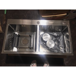 (RẺ NHẤT SHOPPE) CHẬU RỬA BÁT INOX ĐÚC SUS 304 2 HỐ CÂN ( Tặng kèm kệ để đồ đa năng, bộ xiphong đúc)