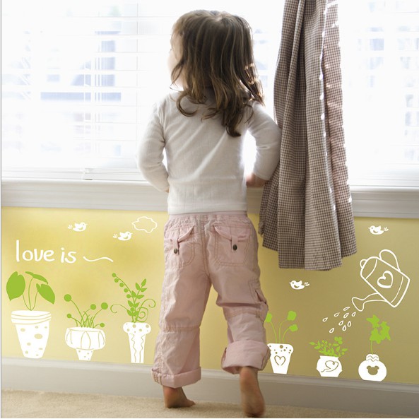 Decal trang trí tường - Nhiều Chậu Trắng nổi bật cùng lá