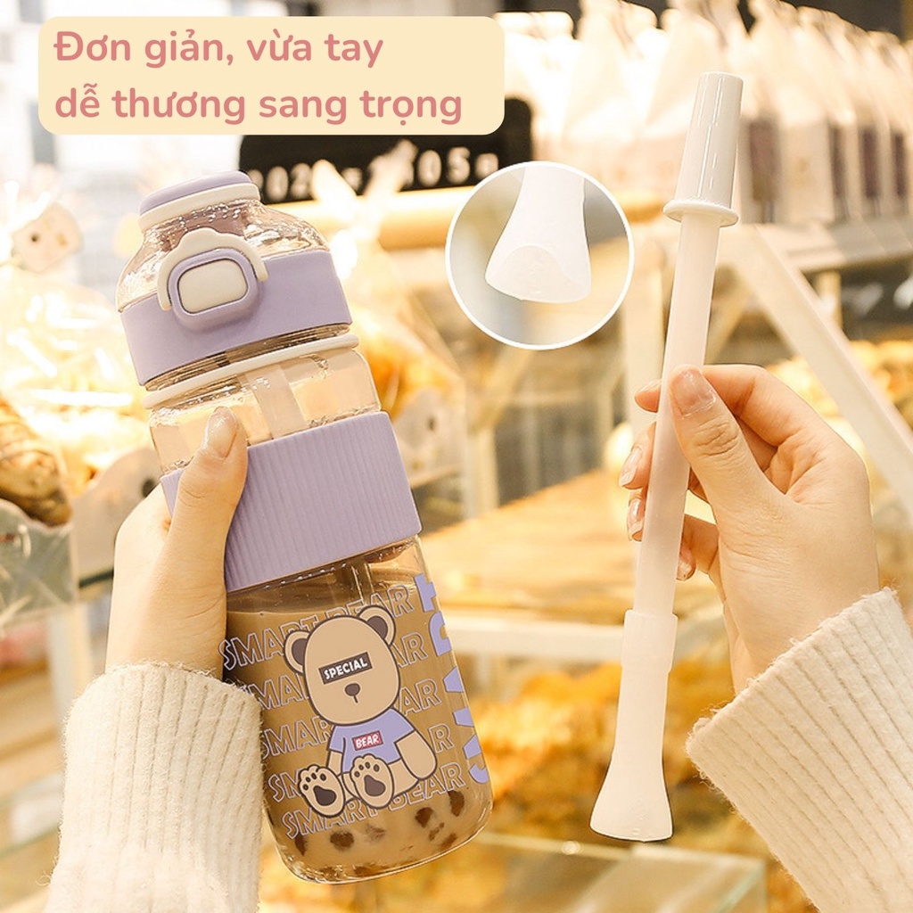 Bình nước đi học dễ thương 720ml cao cấp cute có ống hút lớn kiểu dáng Hàn Quốc đi học tặng sticker mẫu mới