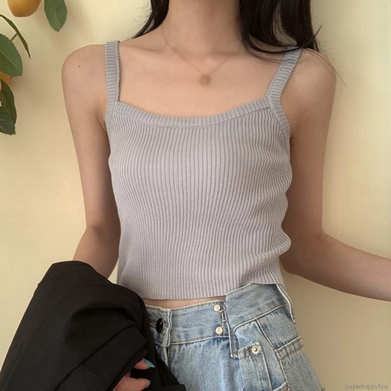 Áo hai dây dệt kim cổ vuông màu trơn kiểu dáng thời trang cho nữ