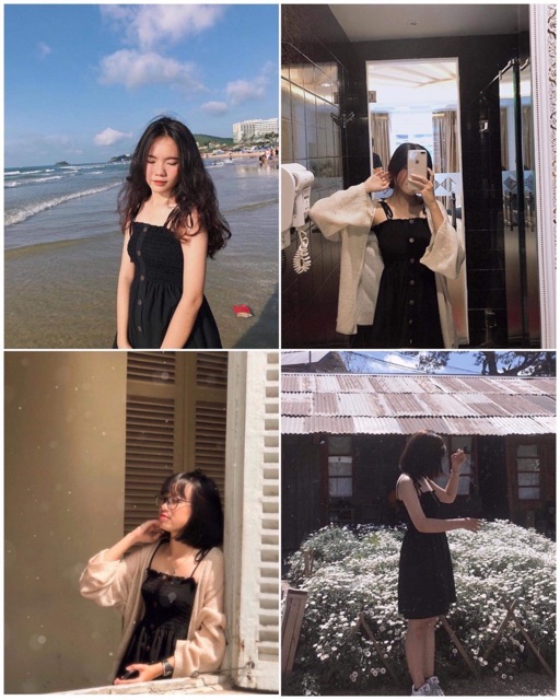 Đầm Xinh Hai Dây màu đen có bo chun co giãn quanh ngực