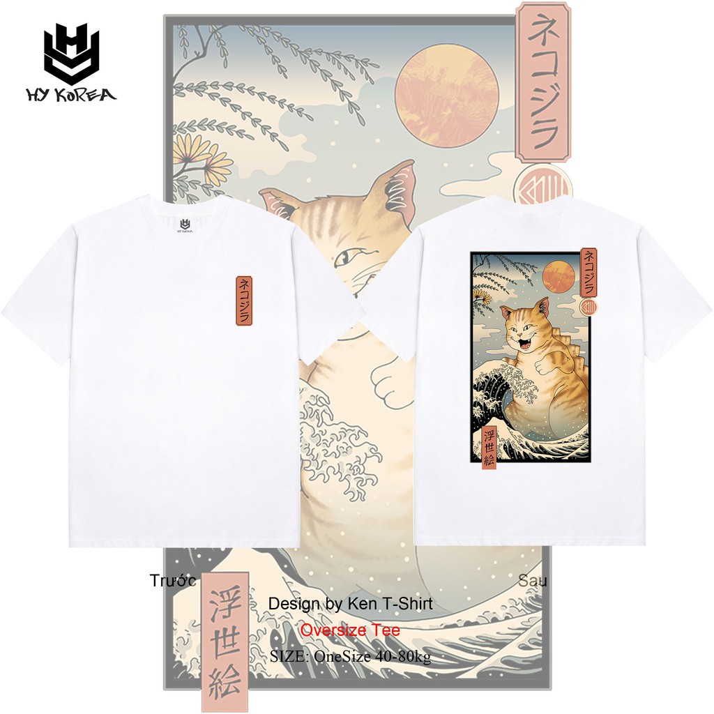 Áo Thun Tay Lỡ HY Korea In Hình Mèo Khủng Long, Cotton 100%, Dày Mịn Mát, Chính Hãng.