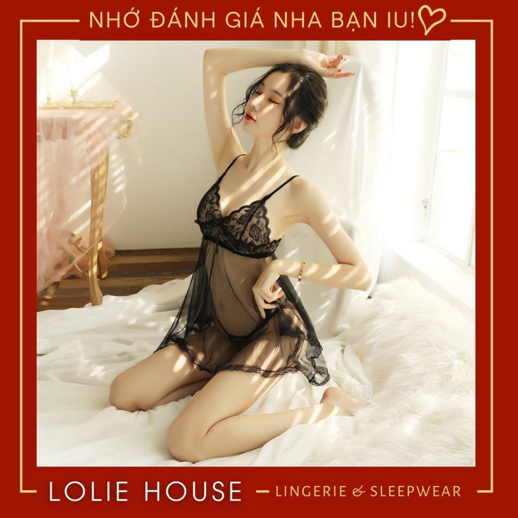 Váy ngủ sexy xuyên thấu - Đầm ngủ siêu mỏng trong suốt kèm quần lót dây lọt khe LOLIE HOUSE - VN7 😍