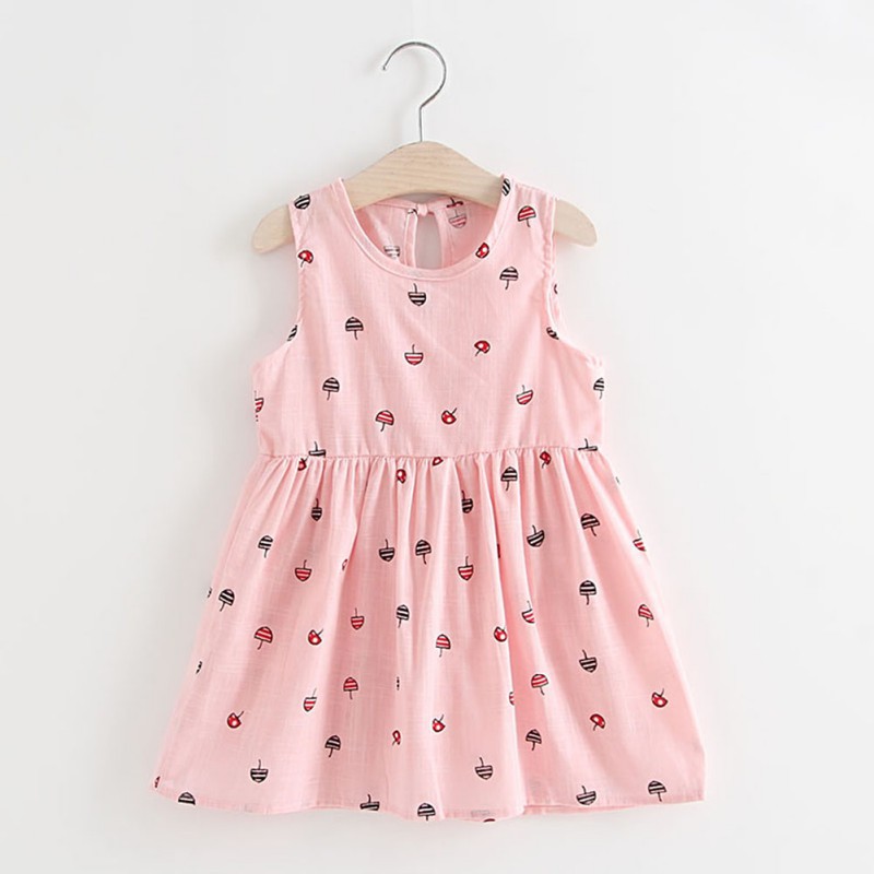 Đầm cotton cộc tay cổ tròn in hình nấm đa sắc dễ thương cho bé gái