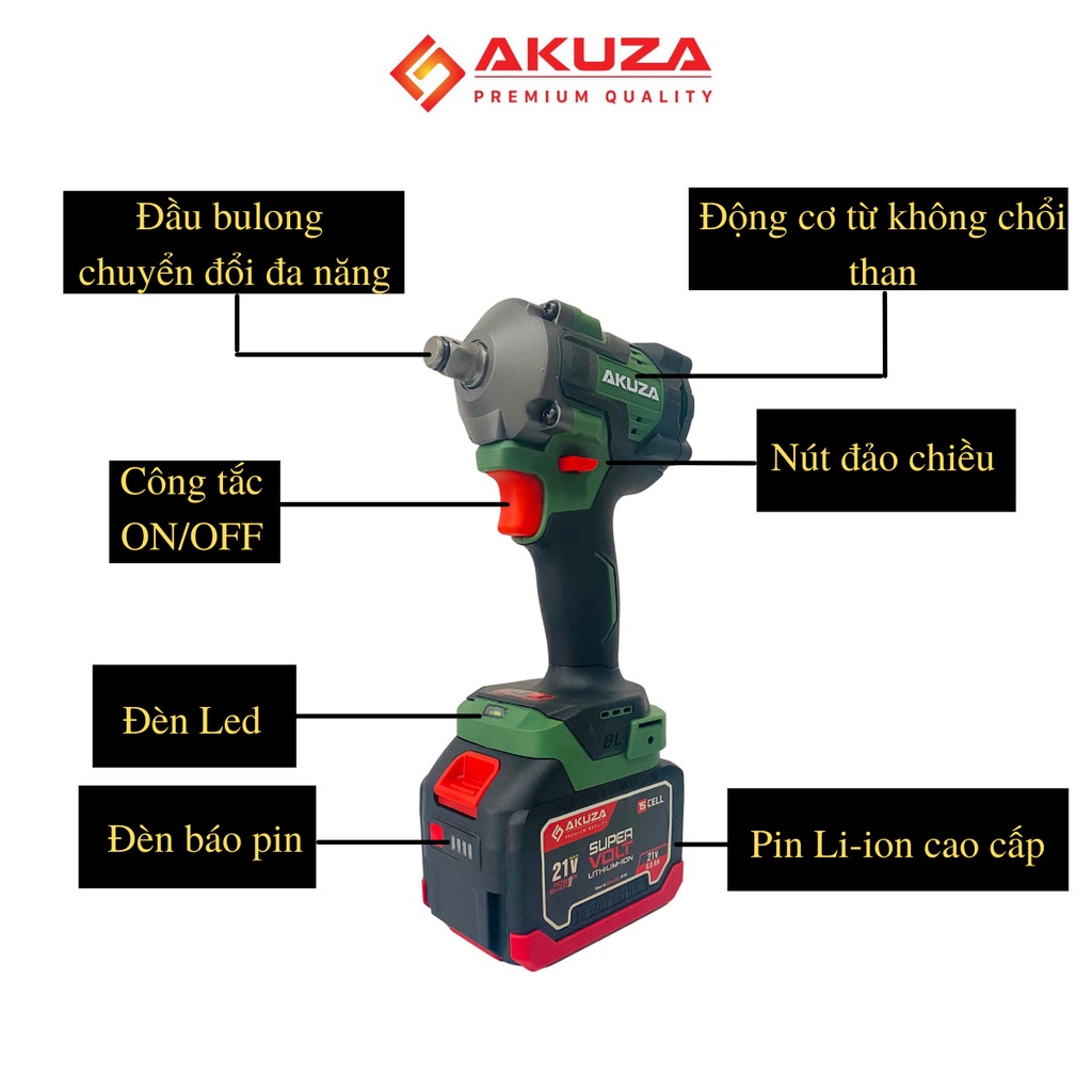 [ HÀNG CÔNG TY] MÁY SIẾT BULONG PIN AKUZA AK B1 - 380Nm CP, SIẾT BULONG KHÔNG CHỔI THAN - SIẾT BULONG, KHOAN, VẶN VÍT