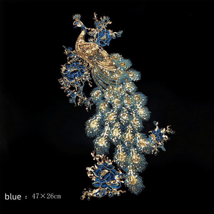 Miếng Dán Ủi Quần Áo Hình Chim Công Đính Kim Sa Lấp Lánh 47 * 26cm