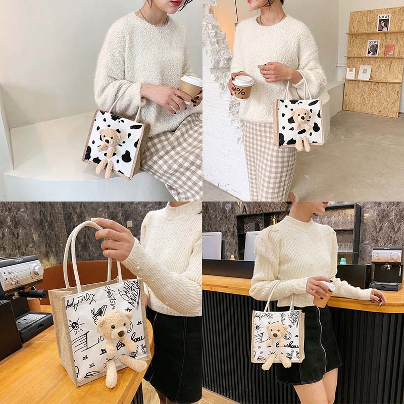 Túi Xách Tay Bằng Vải canvas In Hình Gấu Dễ Thương Dành Cho Nữ