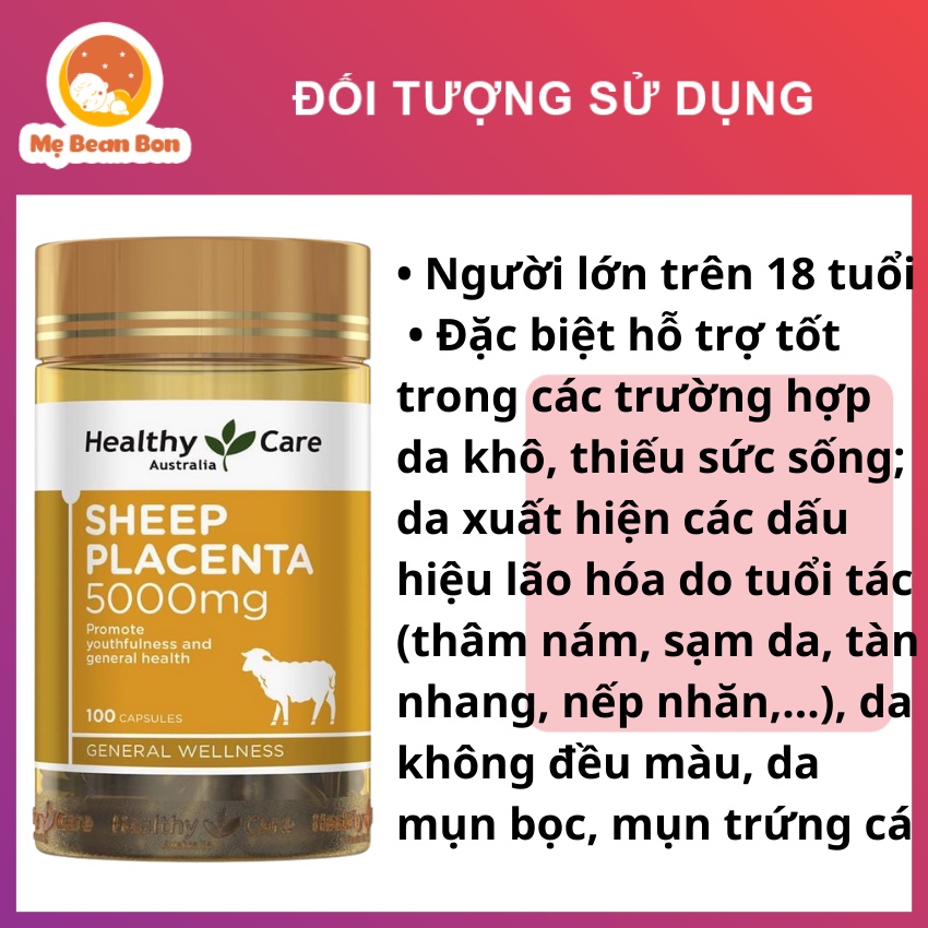 Nhau Thai Cừu Úc Healthy Care Sheep Placenta 5000mg 100 viên giúp da sáng bóng mịn màng cho người trên 18 tuổi