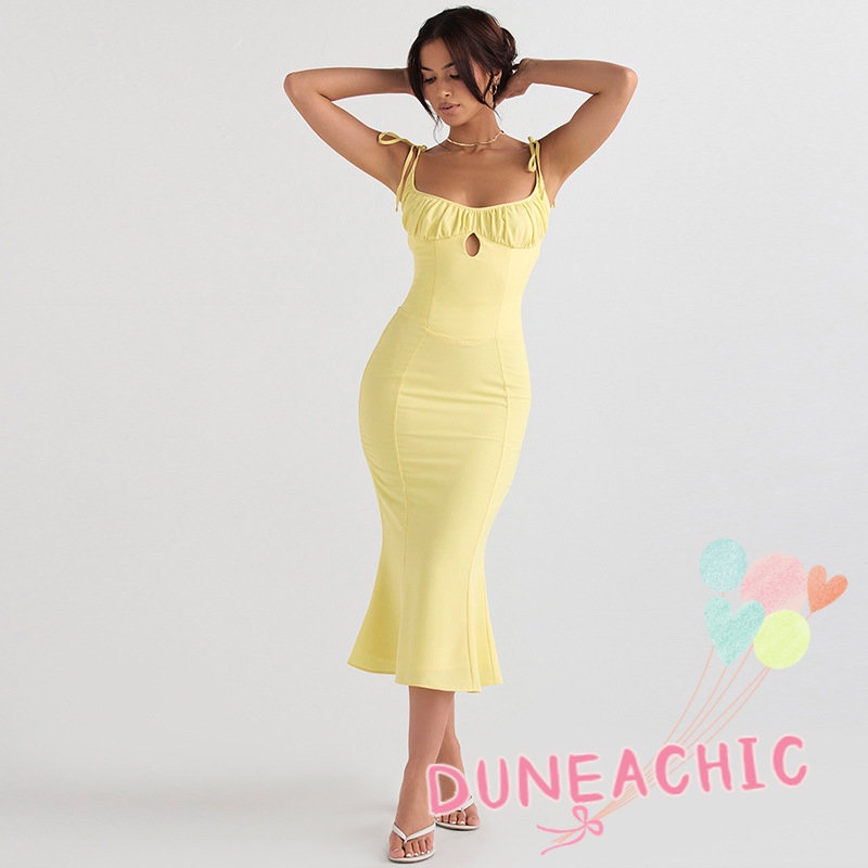 DUNEA Đầm Nữ Hai Dây Màu Trơn Xếp Ly Thời Trang