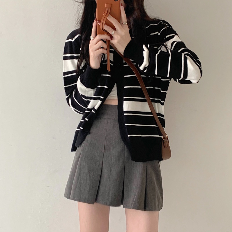 Áo khoác cardigan ZHELIHANGFEI dệt kim tay dài ôm dáng vừa vặn họa tiết kẻ sọc trẻ trung thời trang