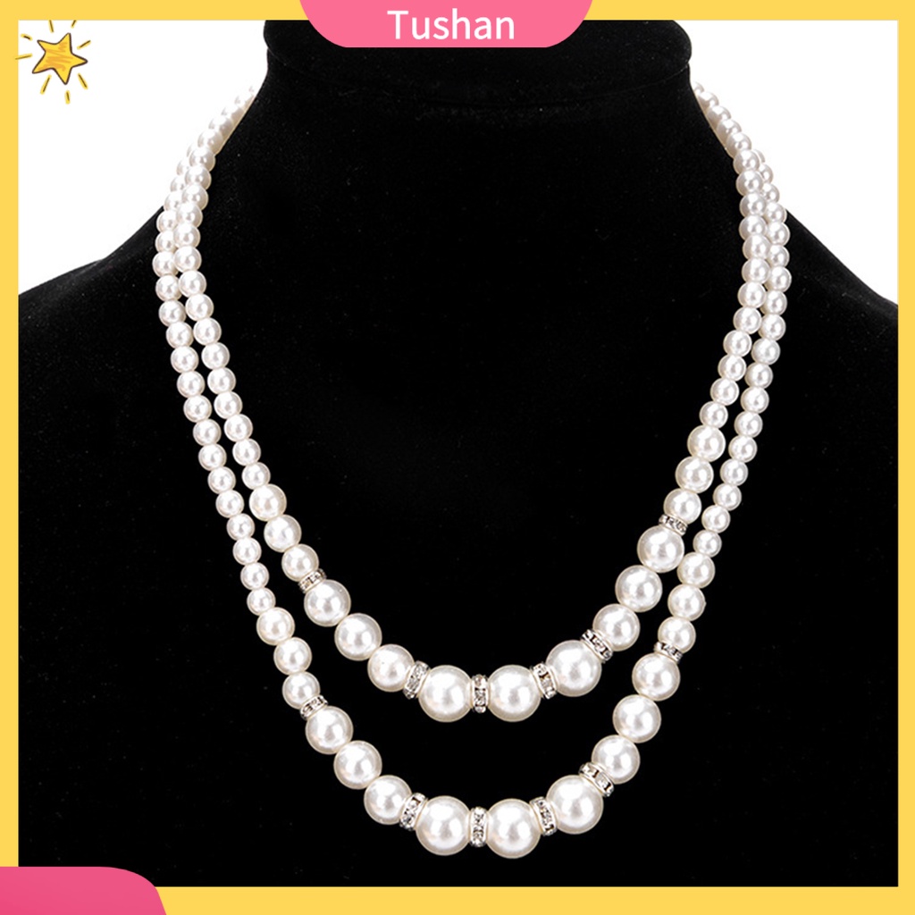 Vòng cổ thời trang kiểu chuỗi hạt ngọc trai giá đính đá trang sức với thiết kế 2 lớp cá tính