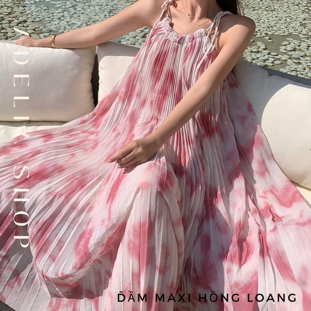 Sẵn - 𝑶𝒓𝒂𝒍𝒊𝒆 𝑫𝒓𝒆𝒔𝒔 | Đầm Maxi Dáng Dài Xòe 2 Dây Màu Hồng Loang Dáng Dài Mẫu Mới 2022, Đầm Đi Biển Maxi Chất Voan 2 Lớp