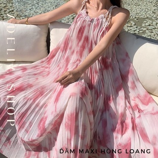 Sẵn - 𝑶𝒓𝒂𝒍𝒊𝒆 𝑫𝒓𝒆𝒔𝒔 | đầm maxi dáng dài xòe 2 dây màu hồng loang dáng dài mẫu mới 2022, đầm đi biển maxi chất voan 2 lớp