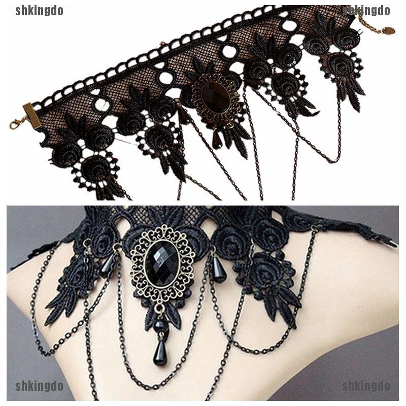 Vòng Choker Ren Hoa Tua Rua Đính Đá Phong Cách Gothic Punk