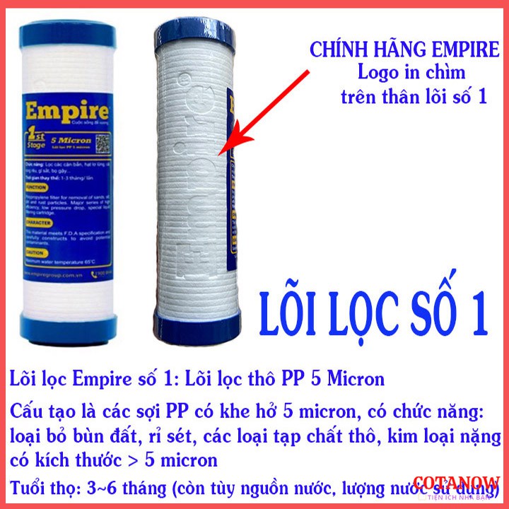 Lõi Lọc Nước Số 1 Cao Cấp Empire, Dùng cho tất các các loại máy lọc nước gia đình COTANOW