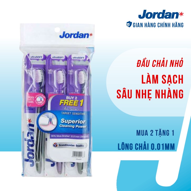 Bộ 3 bàn chải đánh răng Jordan Target Sensitive, Lông siêu mềm siêu mỏng 0.01mm