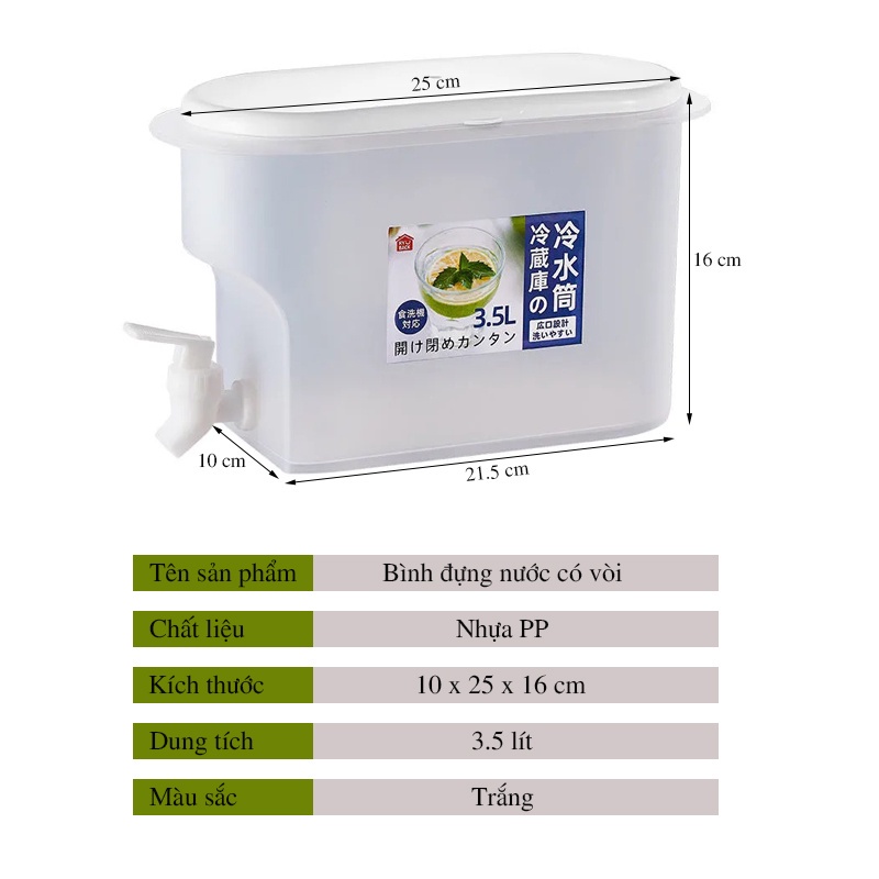 Bình nước có vòi, bình đựng nước để tủ lạnh cỡ lớn dung tích 3.5L bằng nhựa cao cấp Việt Nhật