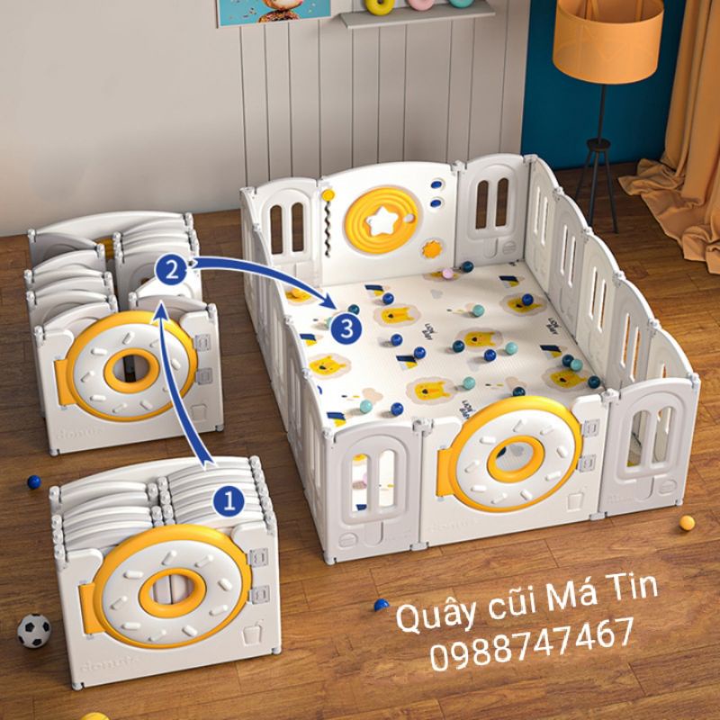 Quây cũi nhựa gấp gọn cao cấp cao 65cm họa tiết bánh Donuts tặng kèm quà
