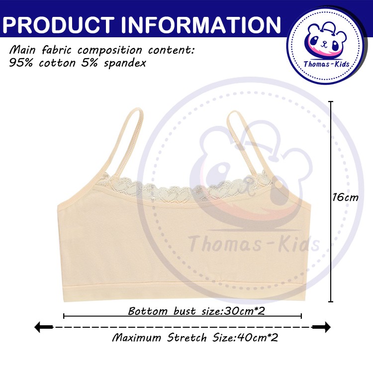 Áo ngực vải cotton phối ren thoáng khí màu trơn thoải mái cho bé gái B204
