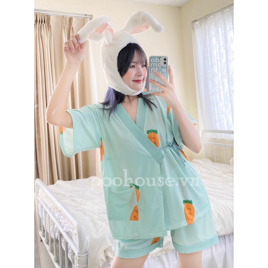 Đồ bộ nữ, bộ đồ ngủ kimono pijama cộc tay mặc nhà chất liệu cotton kiểu Nhật - Poohouse KIMONO-CAROT