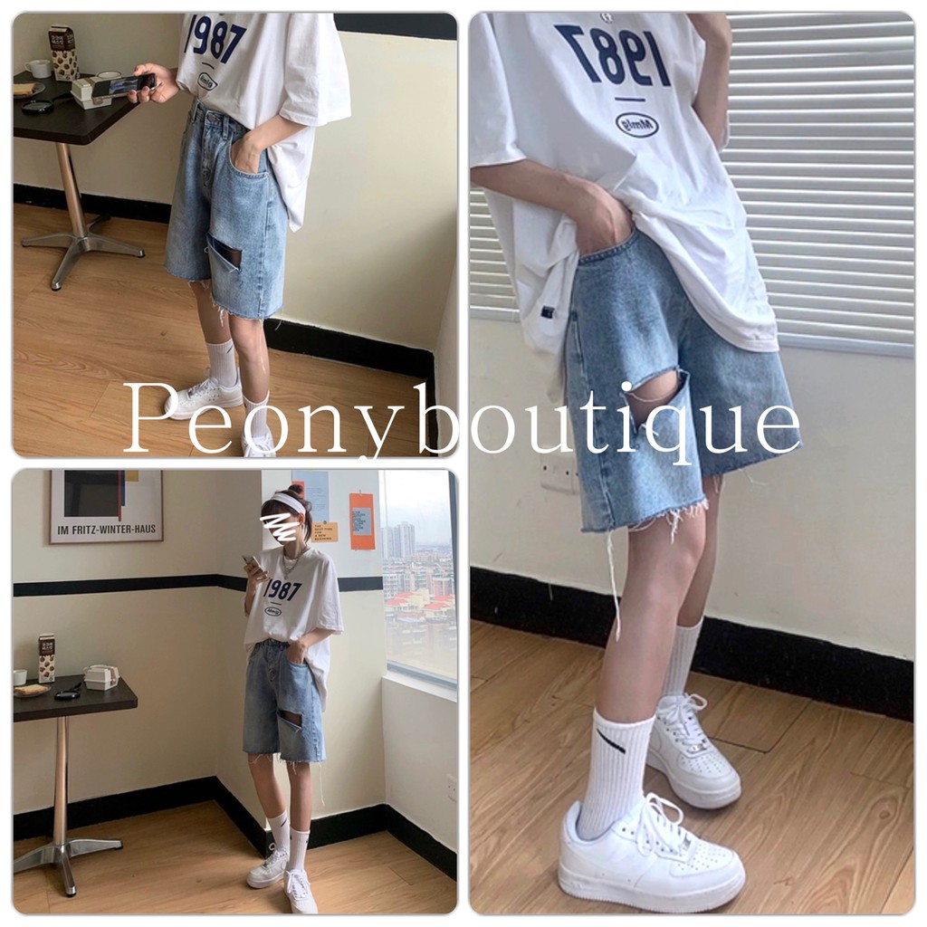 Quần Bò Lửng Ống Rộng Rách Gối PEONYB Nữ [FREESHIP] 🌸 Short jean đùi dáng suông, jeans cạp cao cá tính Ulzzang HOT 🌸