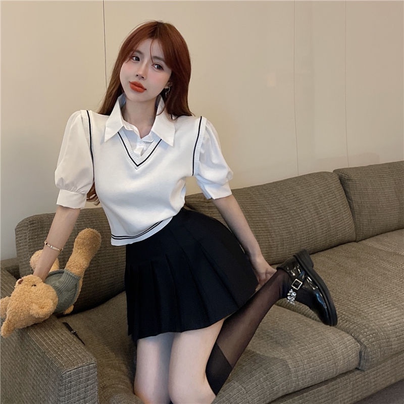 Áo Sweater Ngắn Tay Cổ POLO Giả Hai Lớp Thời Trang Cho Nữ  tao bao