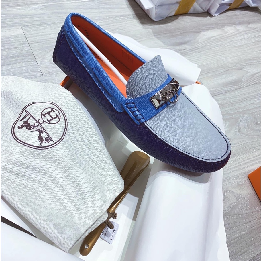 Giày Moca da bê Hermes móc khóa bạc Xanh lưỡi Xám LA fullbox