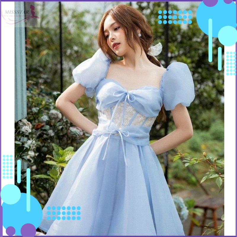 Đầm Tiệc Tay Bồng Xếp Ly Ngực Phối Ren Hoa Sang Trọng, Quyến Rũ, Xinh Xắn, Chất Voan Xước Dày Mềm Mịn, Mát, Bền Đẹp