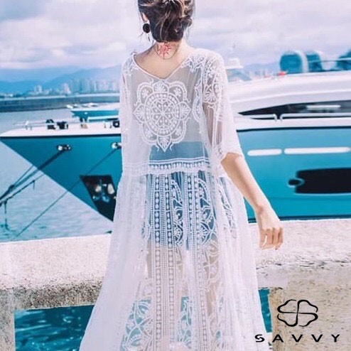Áo Khoác Cardigan Ren Mỏng Đi Biển SAVVY, Áo Choàng Ren Kimino Dáng Dài Cực Xinh