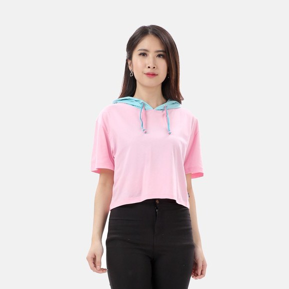 Áo Croptop Tay Ngắn Có Mũ Trùm Đầu Màu Hồng Dễ Thương Xinh Xắn