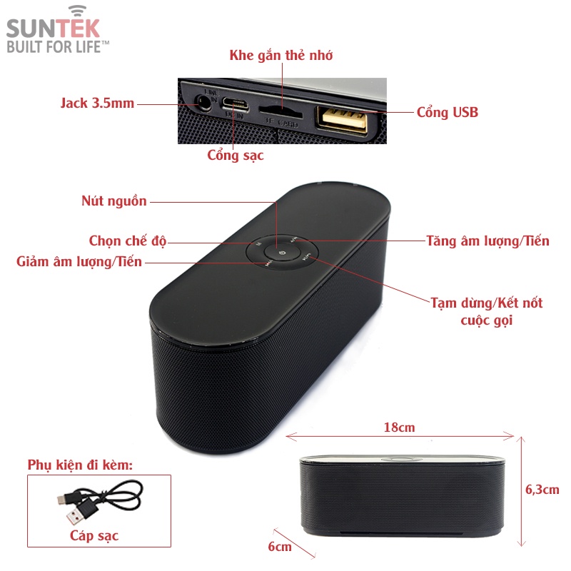 Loa Bluetooth Mini Không Dây Di Động SUNTEK S207 10W - Nghe nhạc 8h | Bass sâu, Treble trong sắc sảo - Bảo hành 1 năm