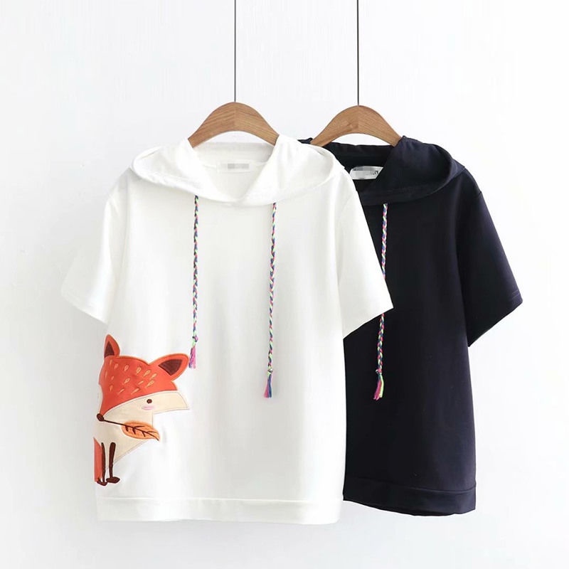 Áo Hoodie Ngắn Tay Thêu Hình Cáo Phong Cách Harajuku Nhật Bản Cá Tính