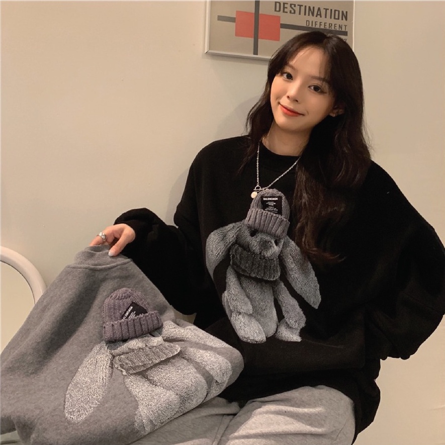 Áo sweater nỉ nữ form rộng in hình thỏ có mũ len nổi dài tay siêu hot 2021