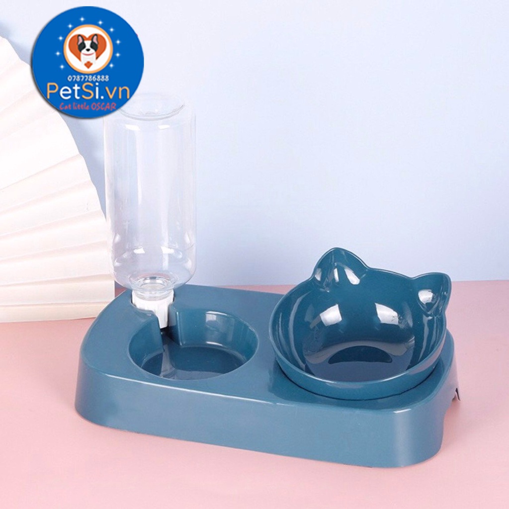 Bát Ăn Đôi Tai Mèo Kèm Bình Nước Tự Động Đế Nghiêng Cho Chó Mèo