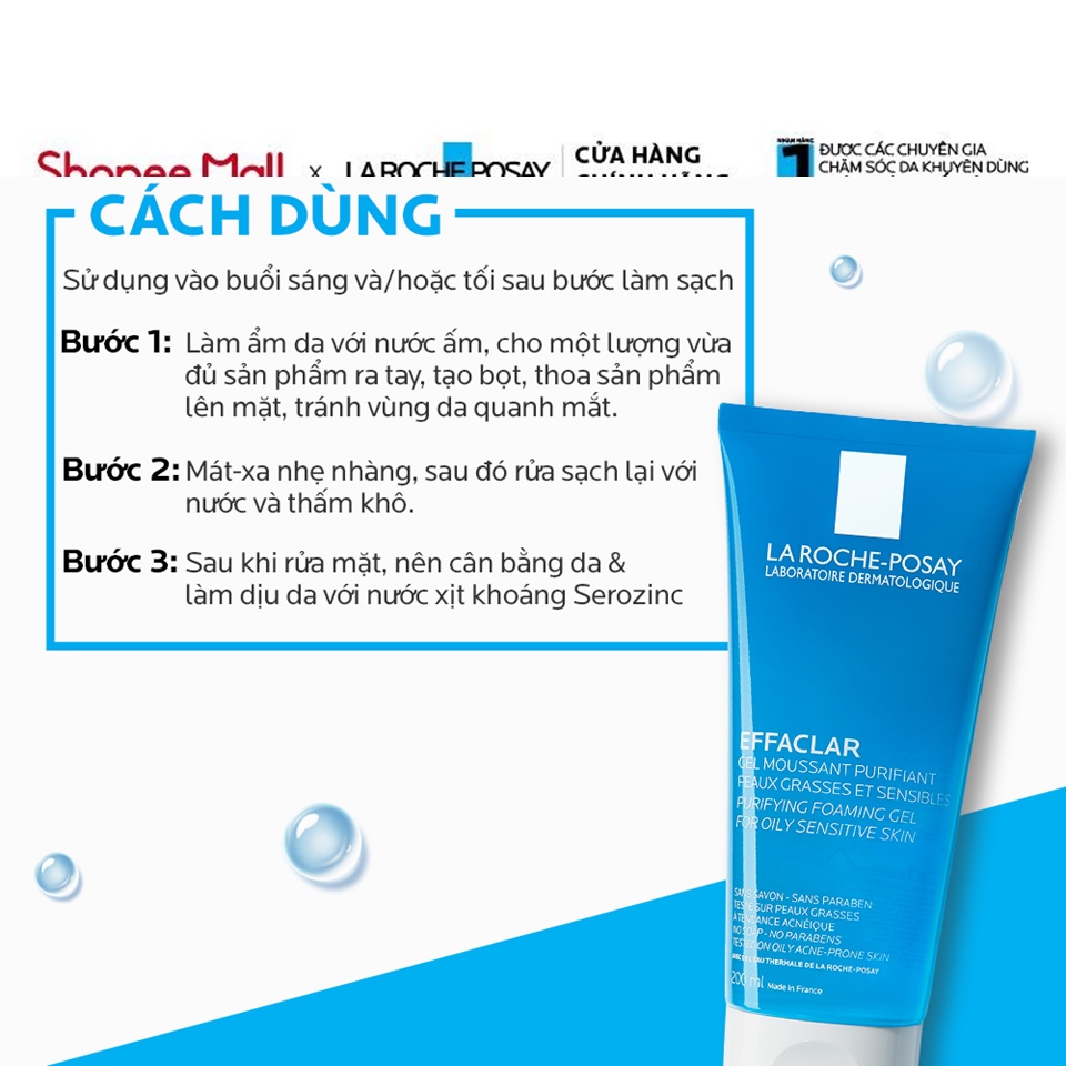 Gel rửa mặt tạo bọt làm sạch La Roche-Posay Effaclar Purifying Foaming Gel For Oily Sensitive Skin 200ml