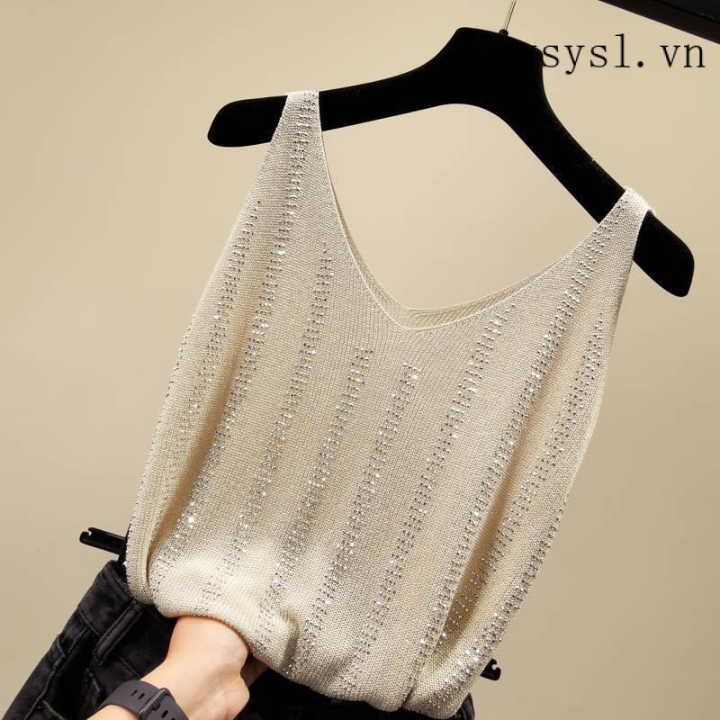 Hàng Có Sẵn Áo Lụa Lạnh Dệt Kim Sát Nách Dáng Rộng Cổ Chữ V Đính Đá Lấp Lánh Quyến Rũ Công Nghiệp Nặng Cho Nữ Mặc Ngoà
