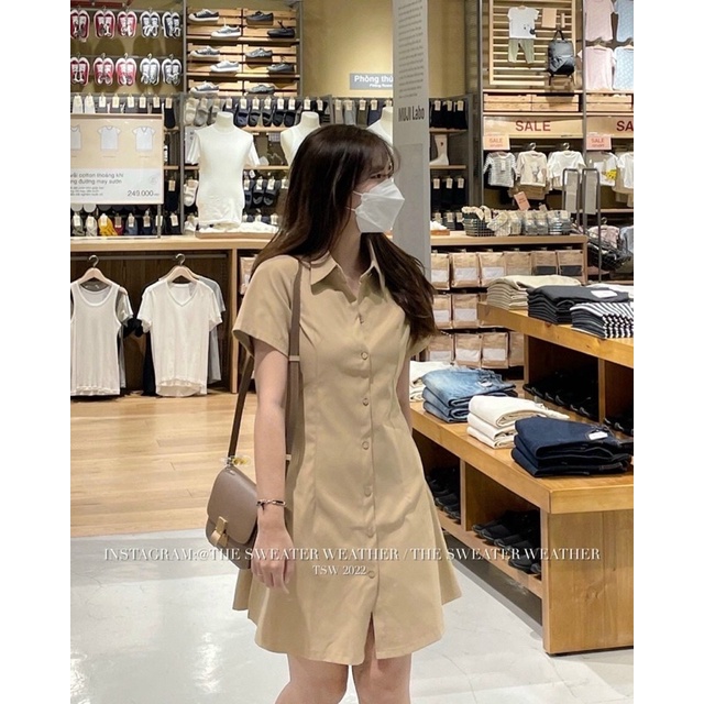 [Ảnh thật/sẵn] Váy sơmi chiết eo kết hợp chun lưng co giãn phong cách Hàn Quốc/ cúc gỗ