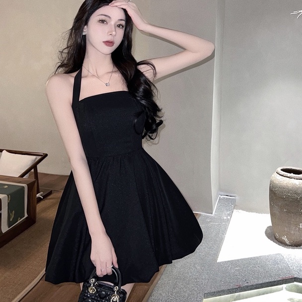 Đầm hai dây ZHELIHANGFEI màu đen thiết kế quyến rũ thời trang