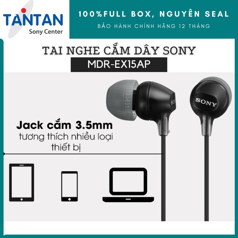 Tai nghe NHÉT TAI Sony MDR-EX15AP | FREESHIP | Dây 1.2m - Jack cắm stereo mạ vàng - Màng loa Neodymium 9mm - Microphone