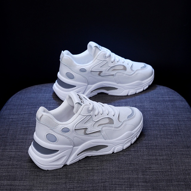 Giày thể thao nữ sneaker độn đế 2023 Top Shoes phong cách Hàn Quốc da và vải lưới cao cấp màu trắng Size 36- 40