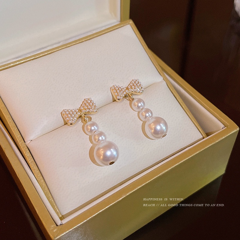 Khuyên Tai Tua Rua Đính Nơ Và Ngọc Trai Phong Cách ins Cao Cấp Cho Nữ