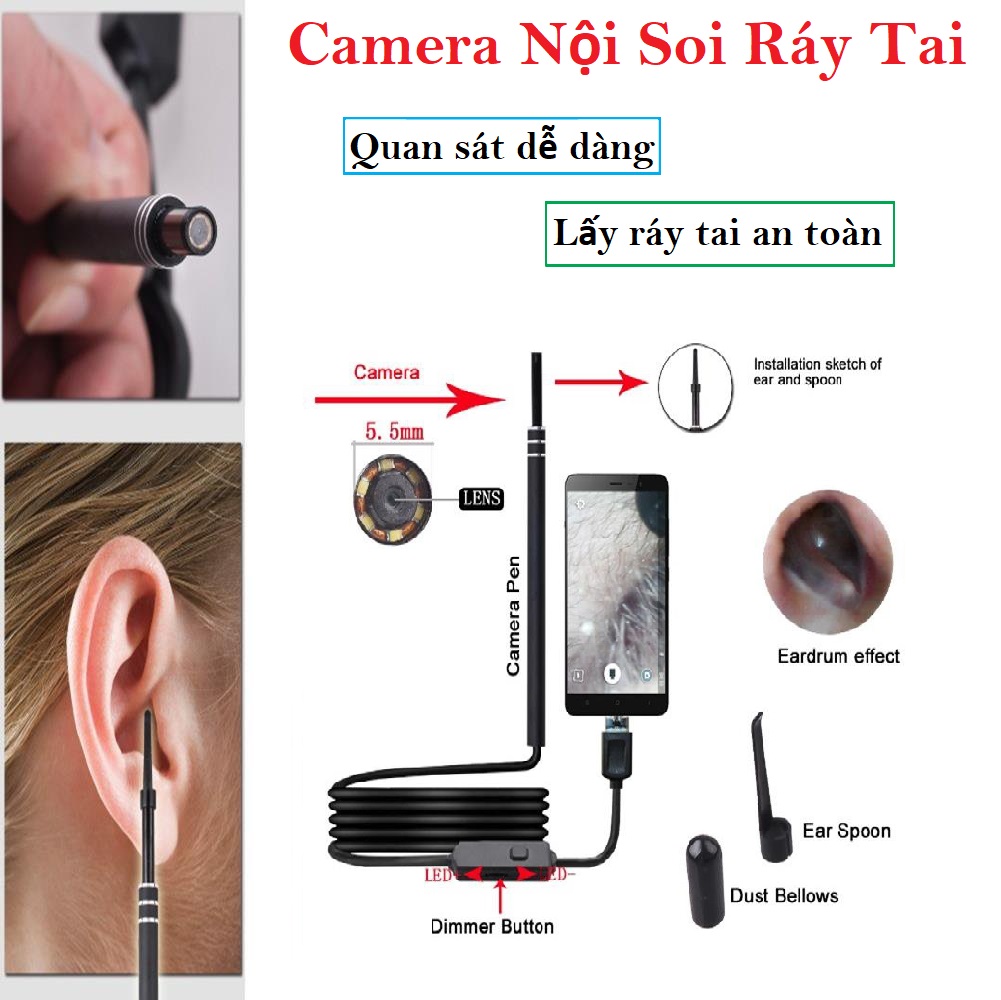 Dụng cụ lấy ráy tai, Camera nội soi tai, mũi, họng Visual Earwax Clean Tool 104 màu đen