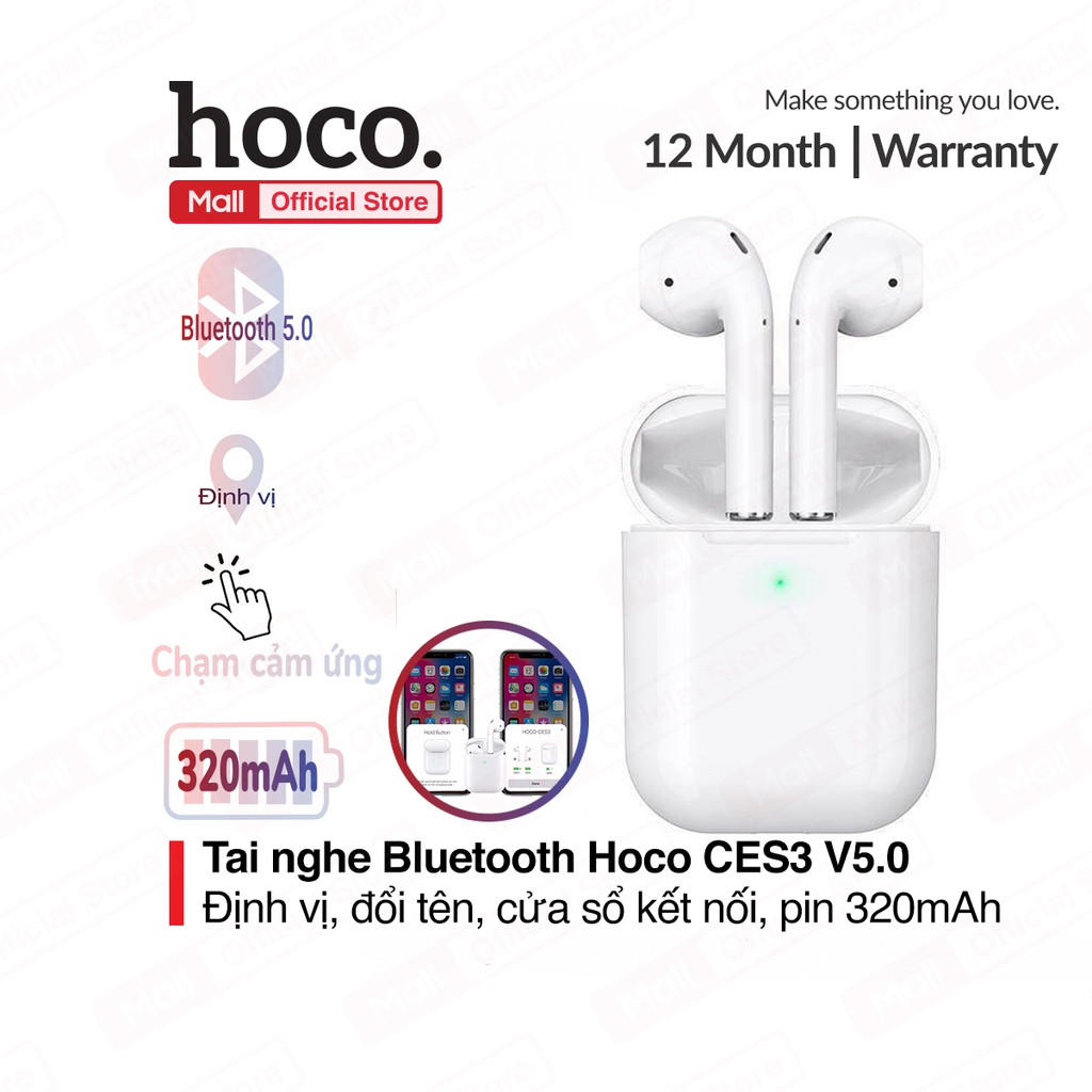 Tai nghe Bluetooth TWS Hoco CES3 V5.0, định vị, đổi tên, chạm cảm ứng, cửa sổ kết nối, pin 320mAh ( trắng )