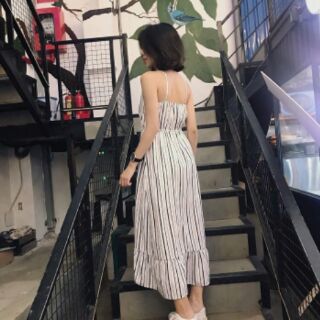 ĐẦM MAXI HAI DÂY LỤA VẠT ĐÔI CÀI NÚT