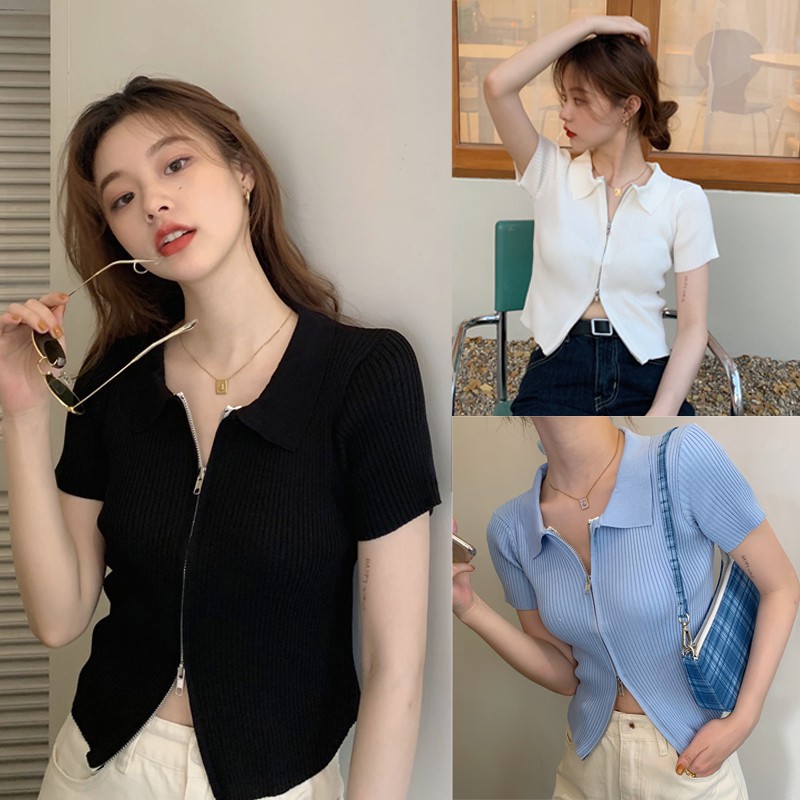 Áo cardigan len tăm kéo khóa màu trắng đen xanh phong cách ulzzang thời trang nữ yolo fashion