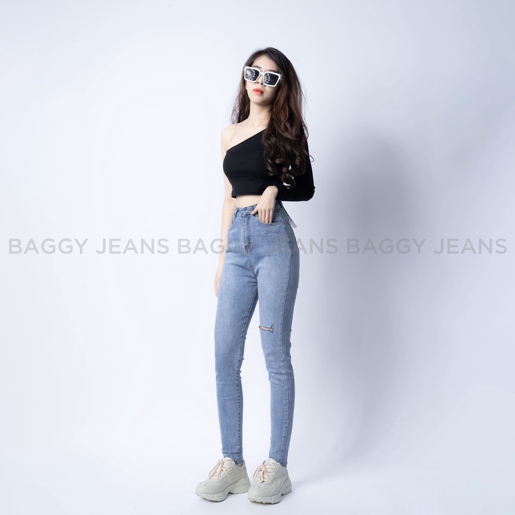 Quần Jean Cạp Cao Co Giãn Tôn Dáng, Quần VNXK Skinny Chất Mịn Rách Ít 2 Màu