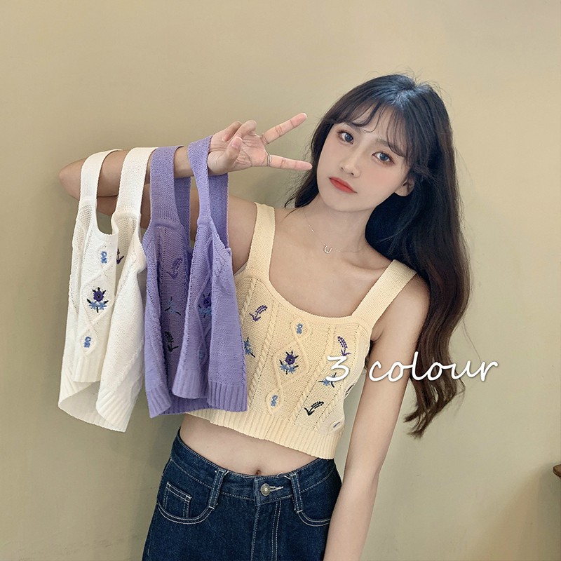 Áo Hai Dây Dệt Kim Thêu Hoa Xinh Xắn Cho Nữ