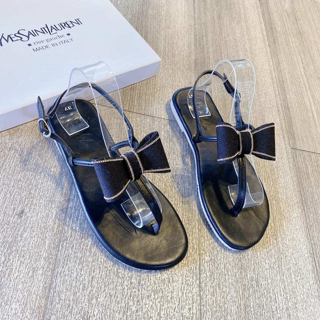 Sandal bệt đế bằng quai T xỏ ngón nơ vải Siêu xinh