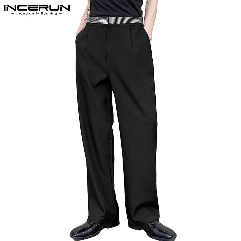 Quần dài Incerun lưng cao ống rộng màu đen phối kim loại thời trang cá tính cho nam